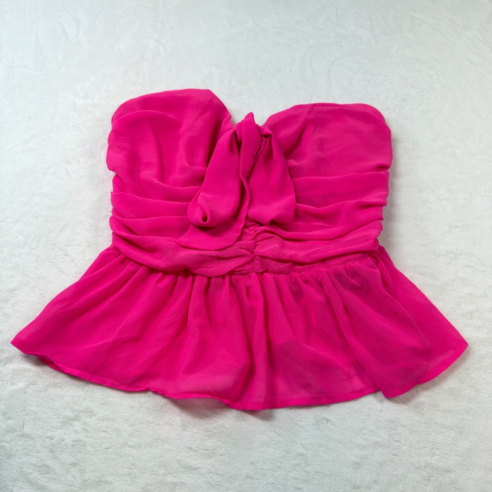 Body‎ Central Peplum Tube Top Womens XL Pink Excellent Silk Blend Smocked Bow